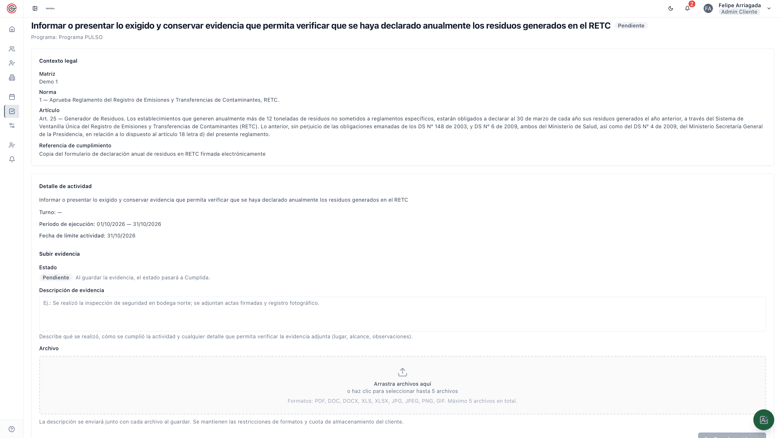 Registro de evidencia requerida en PULSO